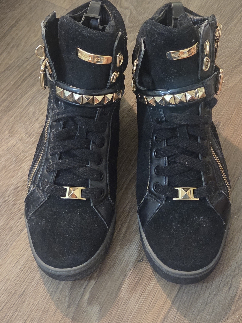 Michael Kors Black Suede High-Top Sneakers with Gold Stud Accents